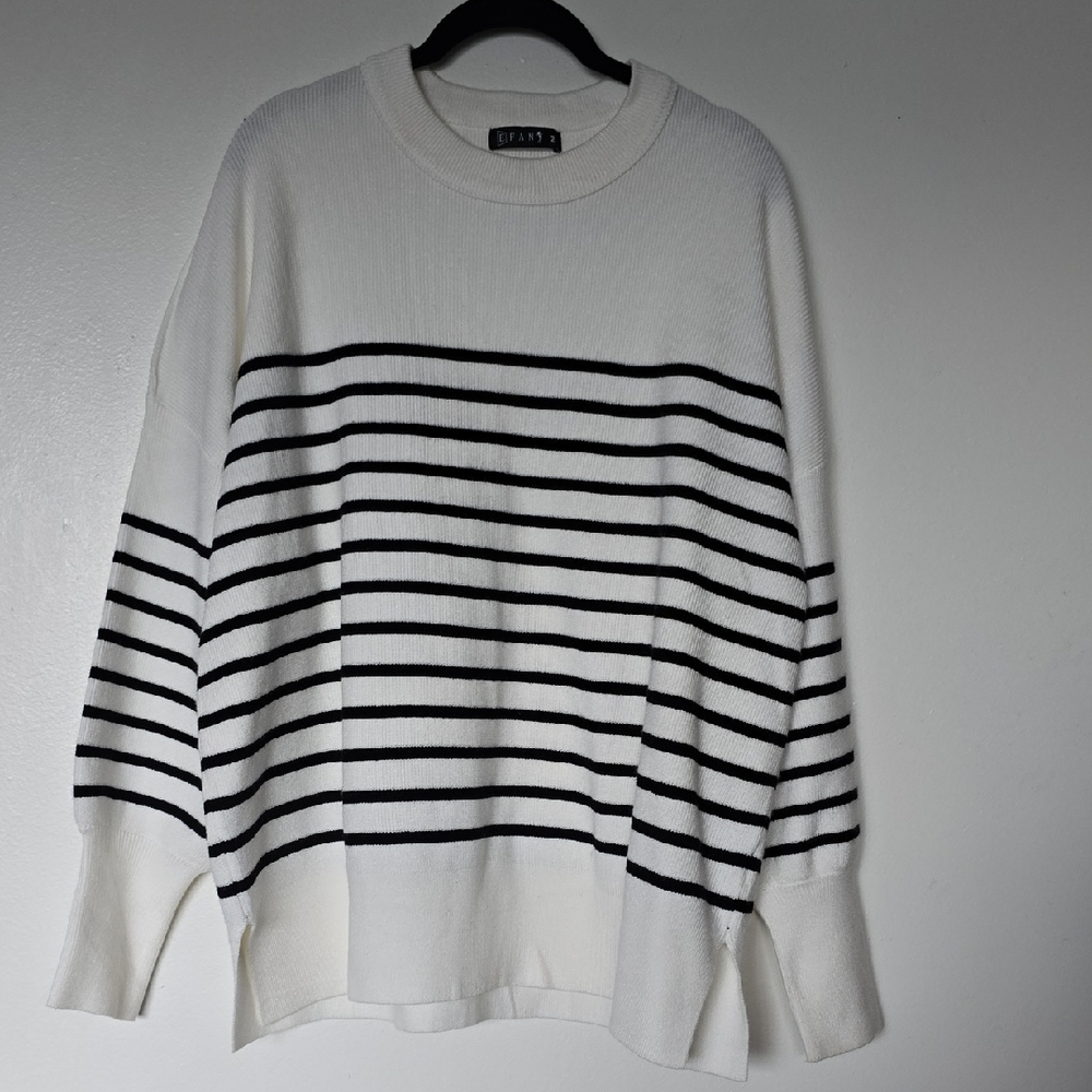Efan Amazon Brand Striped Crew Neck Sweater - Black and White